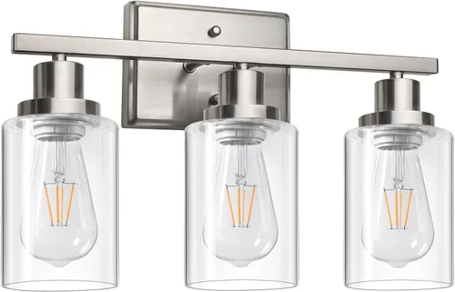 Vista 9 de Ascher Apliques de pared de 2 luces, moderna lámpara de tocador con pantalla de vidrio transparente, lámpara de pared de níquel cepillado