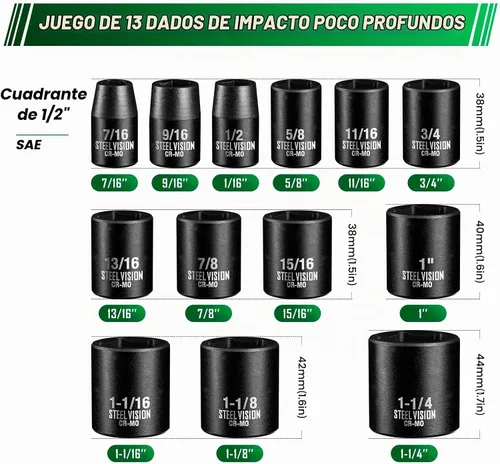Vista 2 de Steel Vision Tools Juego de 13 piezas de 1/2 pulgada SAE de impacto con unidad de enchufe profundo Acero cromo-molibdeno EncHUFES de impacto