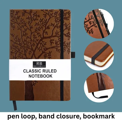 Vista 2 de RICCO BELLO Cuaderno con Líneas con Soporte para Bolígrafo, Tapa Dura de Piel Sintética, Rayado Universitario, para Trabajo, Notas 96 Hojas/192