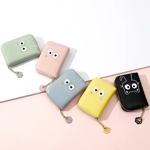 Vista 8 de Sunwel Fashion Lindo portatarjetas con diseño de gato pequeño - Estuche para tarjetas con cremallera de acordeón, bolsillos para efectivo, monedero