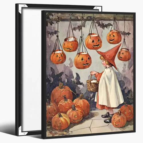 Vista 29 de Bonito arte de pared de gato negro de Halloween, divertido póster de lienzo de luna llena con ojos amarillos y cita de Feliz Halloween