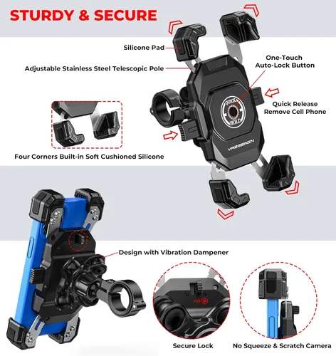 Vista 5 de VAZESWIN Soporte de teléfono para motocicleta con amortiguador de vibraciones, soporte para teléfono de bicicleta con bloqueo de 1s con base