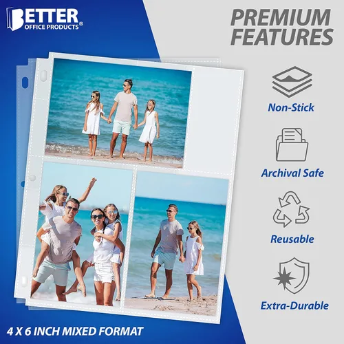 Vista 6 de Better Office Products Hojas de repuesto para álbum de fotos, formato mixto de 4 x 6 pulgadas, peso pesado, 3 anillos transparentes de diamante, 150