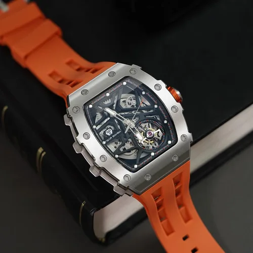 Vista 5 de TSAR BOMBA Reloj automático de lujo para hombre, forma tonneau, esqueleto, mecánico, 50 m, impermeable, analógico, relojes únicos, plateados