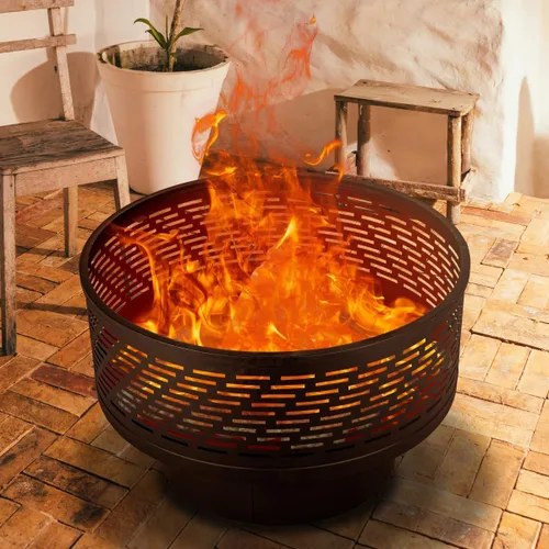 Vista 7 de OutVue Fogatas de leña de 26 pulgadas con parrilla y tapa, mesa de fogata para exteriores con cubierta impermeable y atizador de fuego, fogata al