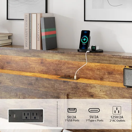 Vista 9 de Armazón de cama de madera tamaño King con cabecero - Plataforma de cama rústica estilo granja con soporte de listones de metal, resistente y sin