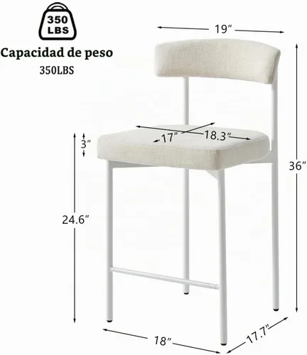 Vista 2 de GrandNoor Juego de 2 Taburetes de Bar Modernos Beige de 24 Pulgadas, Taburetes de Mostrador con Respaldo Curvo, Taburetes de Bar de Altura