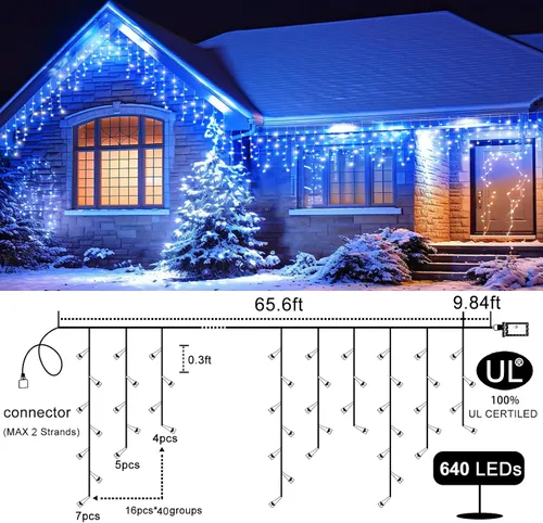 Vista 8 de Luces de Navidad de carámbano para exteriores, 66 pies, 640 luces LED de Navidad azules y blancas, 8 modos con 120 gotas, luz de carámbano