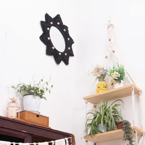 Vista 4 de TENEWEE - Espejo de pared colgante redondo de macramé bohemio Handmade woven, black, wall hanging HD glass; entryway, bedroom, apartment, hallway