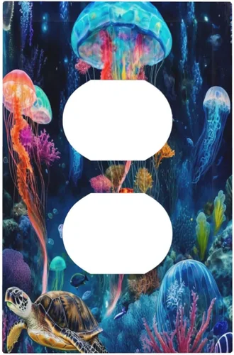 Vista 33 de Placa decorativa para interruptor de luz, medusas, tortugas marinas, fantasía, océano, 2 bandas, 1 palanca, 1 placa de pared dúplex, cubiertas