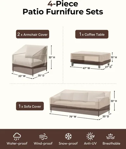 Vista 2 de loriano Juego de fundas para muebles de patio, 4 piezas de fundas impermeables para muebles de exterior, 600D de alta resistencia, juego de fundas