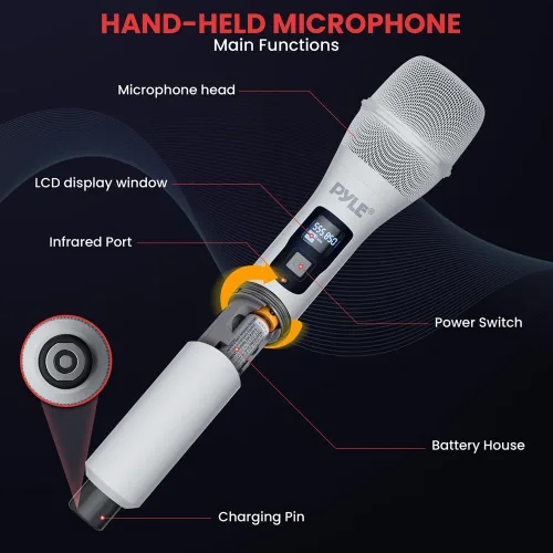 Vista 3 de Pyle Sistema de micrófono inalámbrico UHF con micrófonos de mano duales, recargable por USB, receptor de frecuencia fija Bluetooth, audio DSP