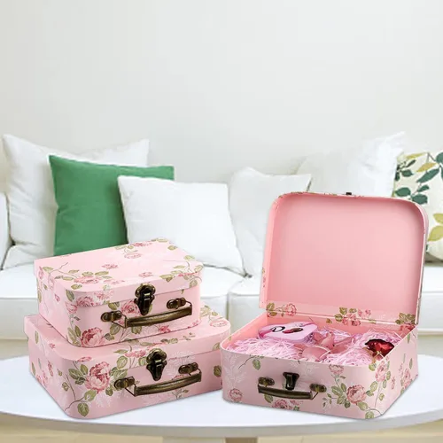 Vista 7 de Fasmov Paquete de 3 maletas de cartón, cajas de almacenamiento decorativas, cajas de regalo con tapas para almacenamiento de fotos, decoración