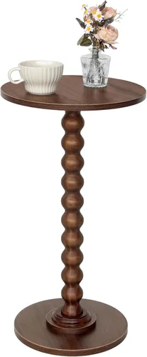 Vista 11 de Fultyle Mesa auxiliar redonda, mesa pequeña para bebidas para espacios pequeños, mesa auxiliar moderna con patas de madera maciza para sala de Negro
