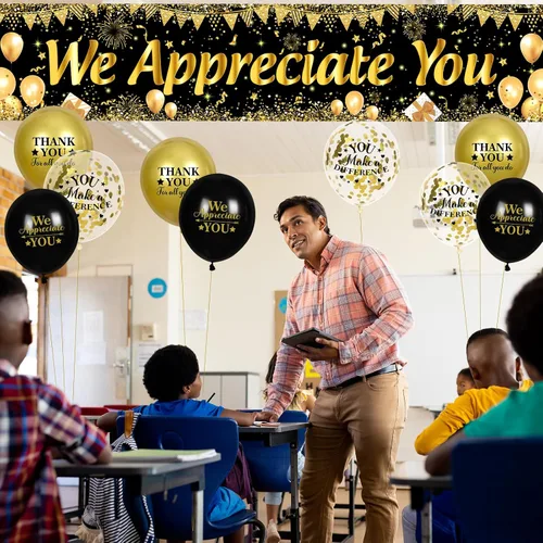 Vista 4 de Decoraciones We Appreciate You Letrero de Jardín Negro Dorado We Appreciate You con 18 Globos Letrero Gracias por Todo lo que Haces Regalos