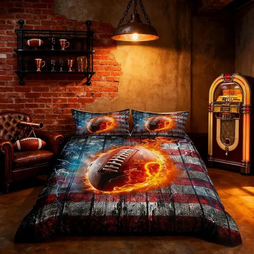 Vista 2 de Juego de funda de edredón para niños de fútbol americano, tamaño individual, juego de ropa de cama de fútbol de rugby de llama, decoración
