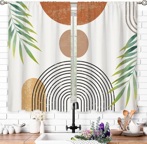 Vista 3 de Cortinas bohemias de cocina pequeñas de mediados de siglo, tratamiento abstracto moderno para ventana, bolsillo para cortinero, cortinas cortas
