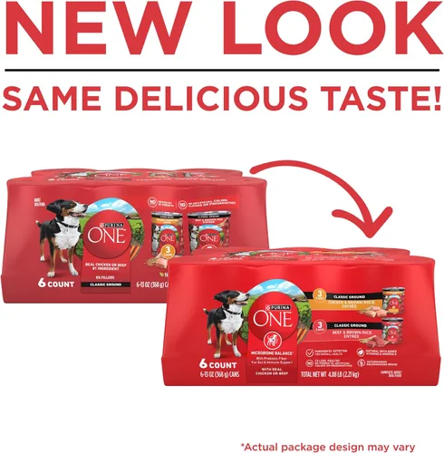 Vista 2 de Purina ONE - Paté natural, Paquete variado de comida húmeda enlatada para perros, SmartBlend Chicken Entree & Beef Entree - (6) latas de 13 oz.