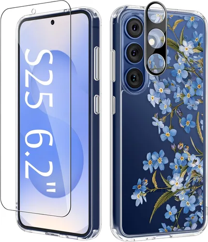 Vista 49 de GVIEWIN Funda protectora para Samsung Galaxy S25, transparente floral, delgada, a prueba de golpes, para mujer, no se pone amarilla, con protector