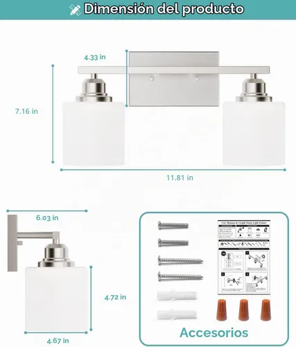 Vista 6 de Accesorios de iluminación de baño Sailstar de 2 luces, accesorios de iluminación de tocador de níquel cepillado, lámpara de tocador moderna