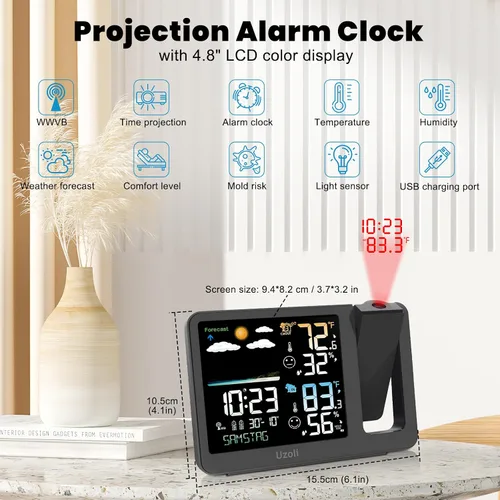 Vista 2 de uzoli Reloj Despertador de Proyección Estación Meteorológica, Reloj Proyector Atómico WWVB con Sensor, Retroiluminación Ajustable, Temperatura