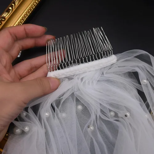 Vista 5 de Mopmap 1 nivel nupcial velo de novia perla capilla longitud tul accesorios para el cabello con peine