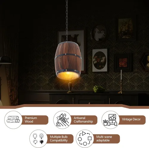 Vista 6 de Copkim Lámpara colgante de barril de vino de madera rústica con cadena ajustada, lámpara colgante antigua E26 lámpara de techo para bar, cocina