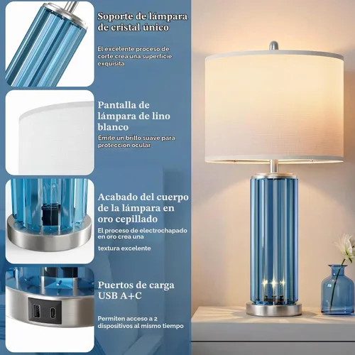 Vista 4 de Juego de 2 lámparas de mesa azules para dormitorio con luz nocturna, lámpara de noche moderna
