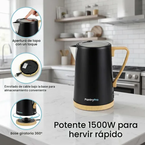Vista 5 de PantryPro Hervidor eléctrico de ebullición rápida de 1.7L 1500W - Interior de acero inoxidable - Apagado automático, protección contra hervir