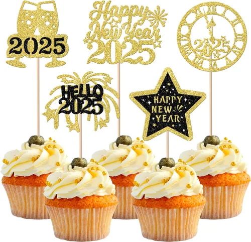 Vista 12 de 1 paquete de decoración para tartas con purpurina de fuegos artificiales para 2026 Año Nuevo 2026, decoración para pasteles de bienvenida 2026