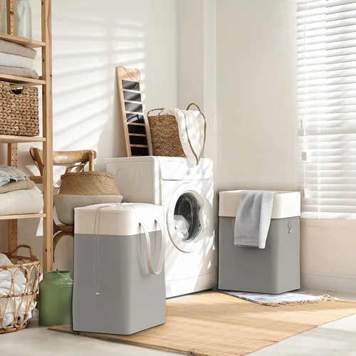 Vista 6 de Simple Houseware Cesta plegable para ropa sucia de 75 L, cesta rectangular de algodón con cierre de cordón y asas, color gris