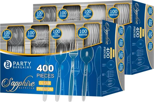 Vista 8 de Party Bargains Juego de cubiertos desechables Color: zafiro transparente 400 piezas: 100 cucharaditas, 100 cucharaditas, 100 cucharas soperas, 100