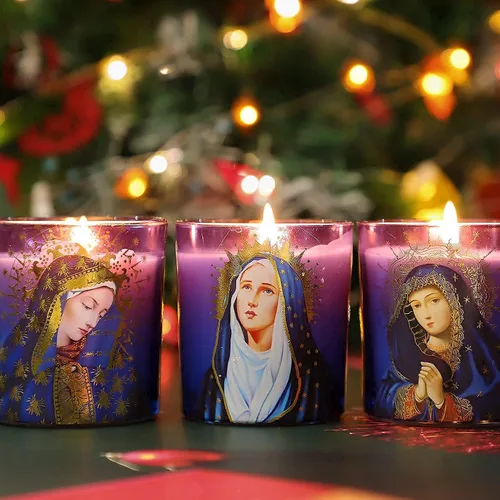 Vista 8 de Juego de 3 velas de soja aromáticas de romero con aroma a romero, velas devocionales de vigilia de larga duración para iglesia católica, hogar