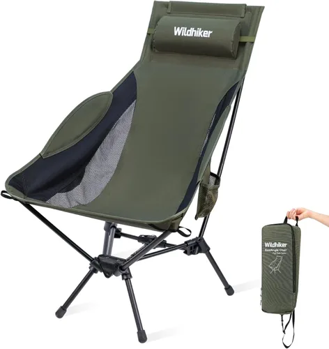 Vista 9 de Wildhiker Sillas de camping plegables y compactas portátiles, respaldo alto ligero con almohada, reclinación profunda, almohadillas, bolsillos Negro