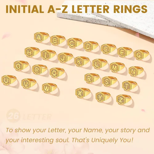 Vista 8 de KeyStyle Bold Initial Letter Rings Adjustable, GoldChic Jewelry Women Gold Statement Ring Personalized Engraved Womens Open Signet Ring for Party