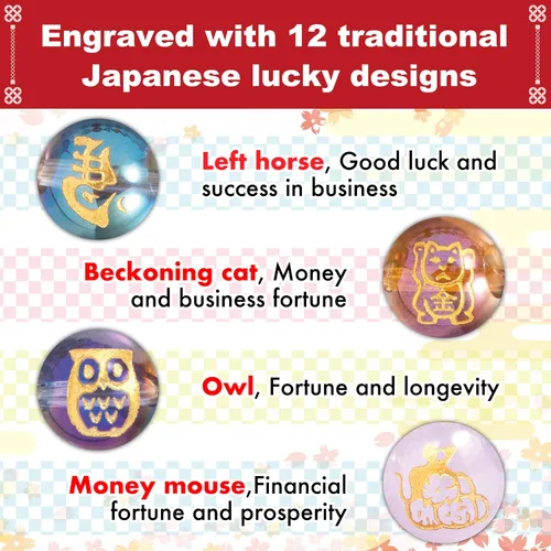 Vista 4 de Pulseras de amuletos de la suerte de dinero de Japón con cristales, pulseras feng shui de buena suerte, diseño tradicional japonés, riqueza, unisex