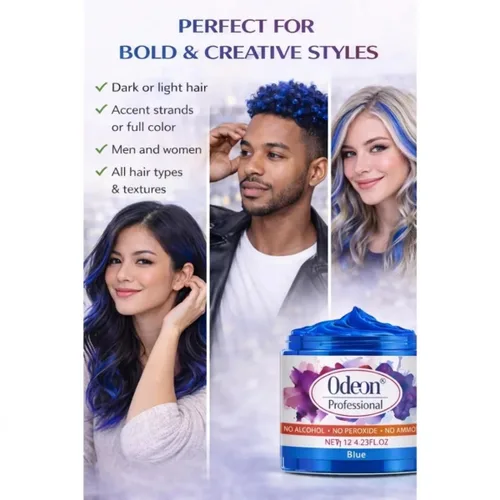 Vista 5 de Odeon Cera de color azul para el cabello, 4.23 onzas, tinte temporal lavable para el cabello con cera de abejas y árbol de té, fácil de peinar