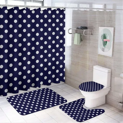 Vista 43 de Juego de 3 alfombras de baño con diseño de lunares, color azul aguamarina, antideslizante, con contorno en forma de U y tapa de inodoro