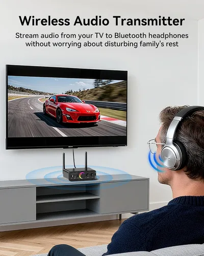 Vista 5 de Receptor transmisor de audio Bluetooth 5.3 para TV Home Stereo, adaptador inalámbrico Bluetooth de baja latencia y audio HD, compatible con USB