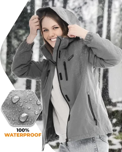 Vista 4 de Foxelli Chaqueta de senderismo impermeable para mujer, abrigo cálido con forro polar resistente al viento, chaqueta de lluvia con capucha