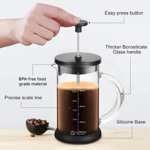 Vista 4 de YMMIND Cafetera de prensa francesa de 12 onzas, cafetera de té espresso con sistema de 4 filtros, émbolo de acero inoxidable y vidrio de Negro