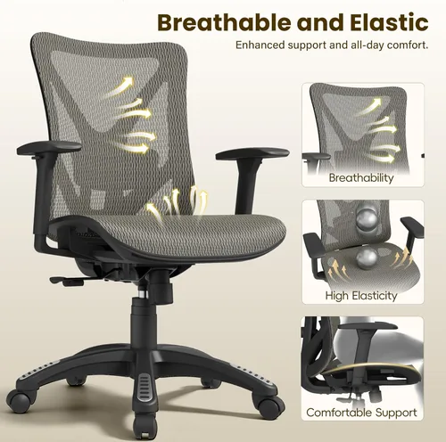 Vista 8 de Silla de oficina ergonómica, sillas de escritorio de malla para computadora con certificación BIFMA X5.1, soporte lumbar ajustable, brazo 3D