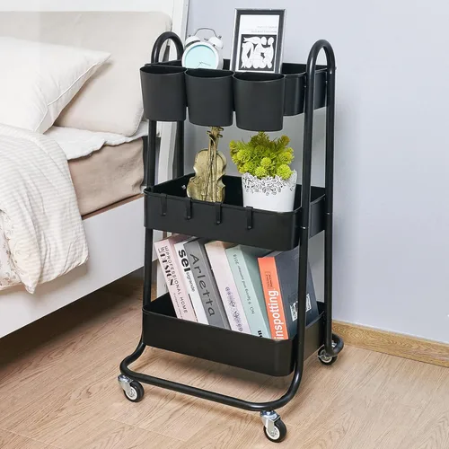 Vista 5 de Carrito utilitario de metal de 3 niveles, carritos de almacenamiento con asa y ruedas con cerradura, organizador de carrito de arte, carrito