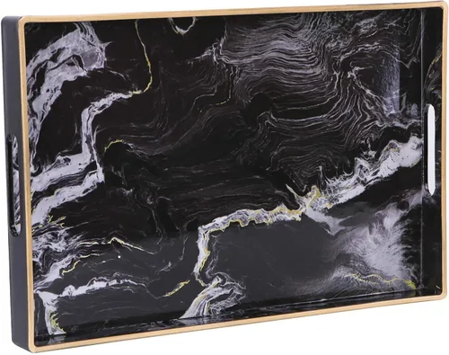 Vista 17 de Bandeja decorativa, bandeja de plástico de mármol con asas, bandeja rectangular de tocador y bandeja para servir para baño, cocina, otomana y mesa