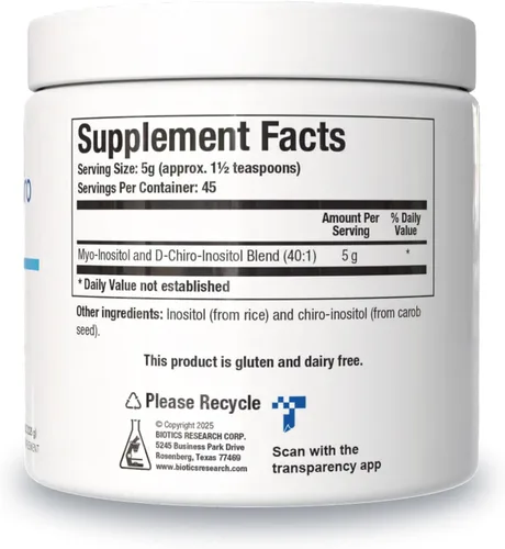 Vista 2 de Biotics Research Polvo equilibrado B8, Myo inositol y D Chiro inositol, relación 40:1, salud de la mujer, comunicación neuronal, metabolismo