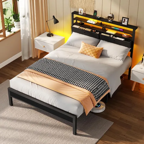 Vista 9 de Full Size Bed Frame with Headboard, 3-Tier Storage Shelves & 2 Fabric Drawers, Built-in Charging Station & RGB LED Lights, Metal Slat Support, No
