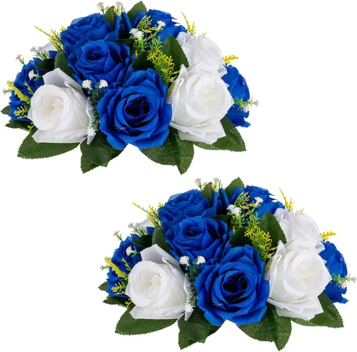 Vista 38 de Sziqiqi Flores de rosas artificiales de seda sintética para decoración de centros de mesa de boda, decoración del hogar, paquete de 2 unidades Azul