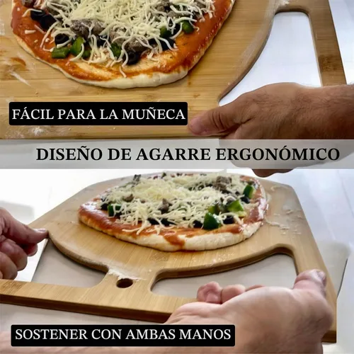 Vista 4 de Pala de Pizza de Madera 2 en 1 y Tabla de Cortar de Bambú Tabla de Pala de Pizza de Doble Agarre para Hornear, Espátula de Pizza y Tabla de Cortar