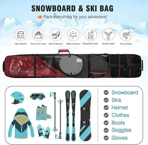 Vista 2 de FIXITOK Bolsa de snowboard y esquí para viajes aéreos, bolsa de snowboard acolchada completa impermeable que se ajusta a tabla, botas, ropa, casco