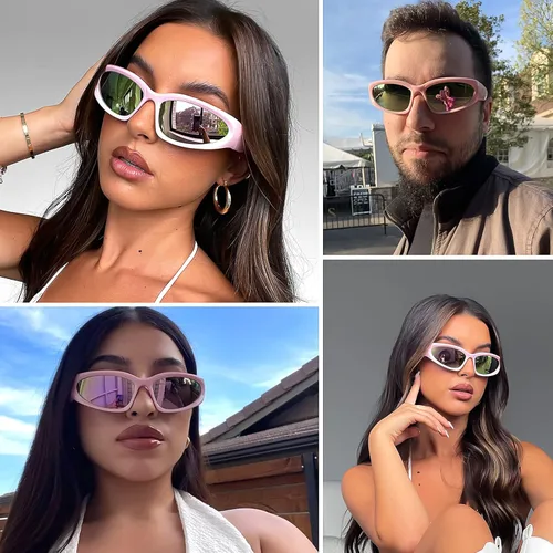 Vista 4 de knliwkm 3 pares de lentes de sol ovalados deportivos envolventes Y2K futuristas para mujeres y hombres, moda plateada